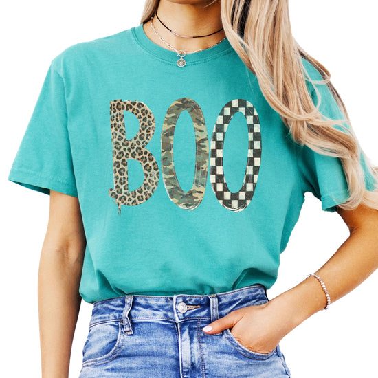 Seafoam Boo Halloween shirt for women, leopard camo checkered BOO graphic tee, front view
