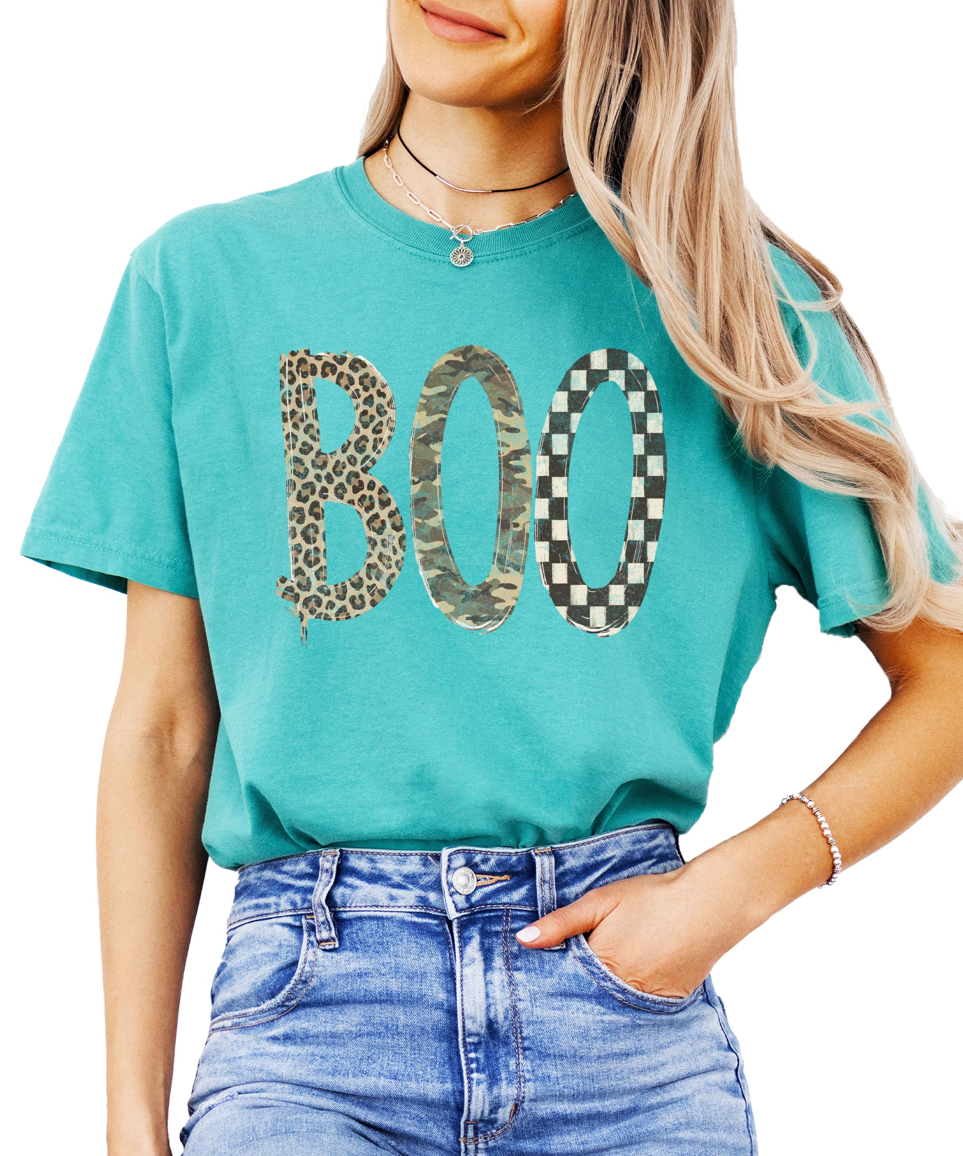 Seafoam Boo Halloween shirt for women, leopard camo checkered BOO graphic tee, front view