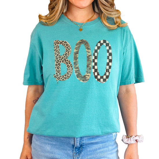 Seafoam Boo Halloween graphic tee, leopard camo checkered BOO print detail