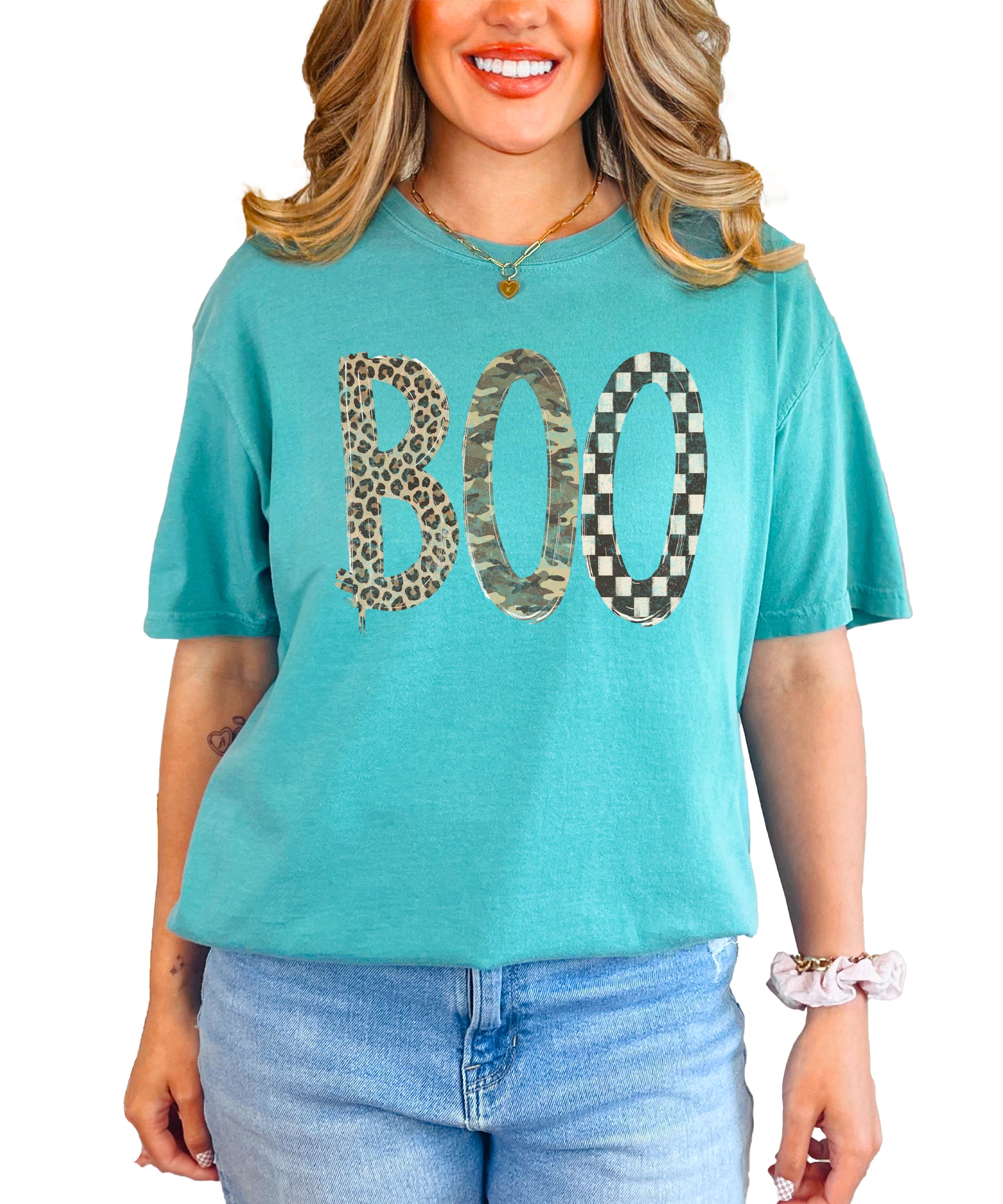 Seafoam Boo Halloween graphic tee, leopard camo checkered BOO print detail