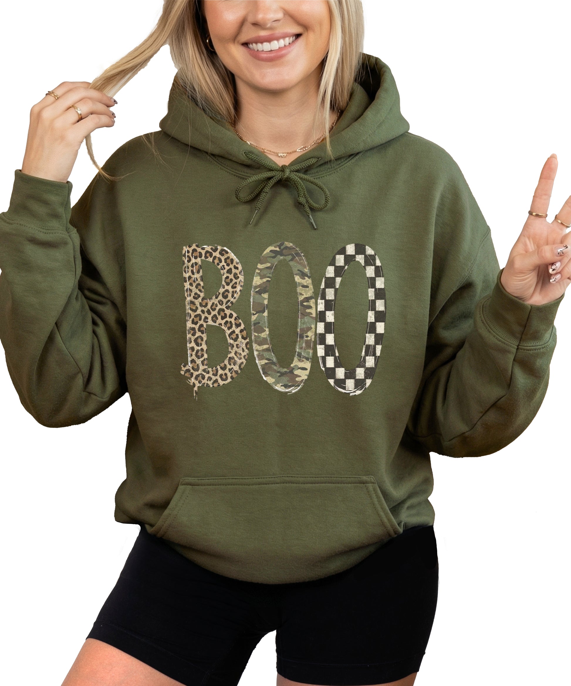 Boo Halloween hoodie for women and teen girls in Army Green with leopard camo checkered BOO graphic, front view