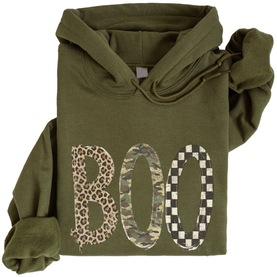 Army Green Boo Halloween hoodie with mixed print lettering, detail view