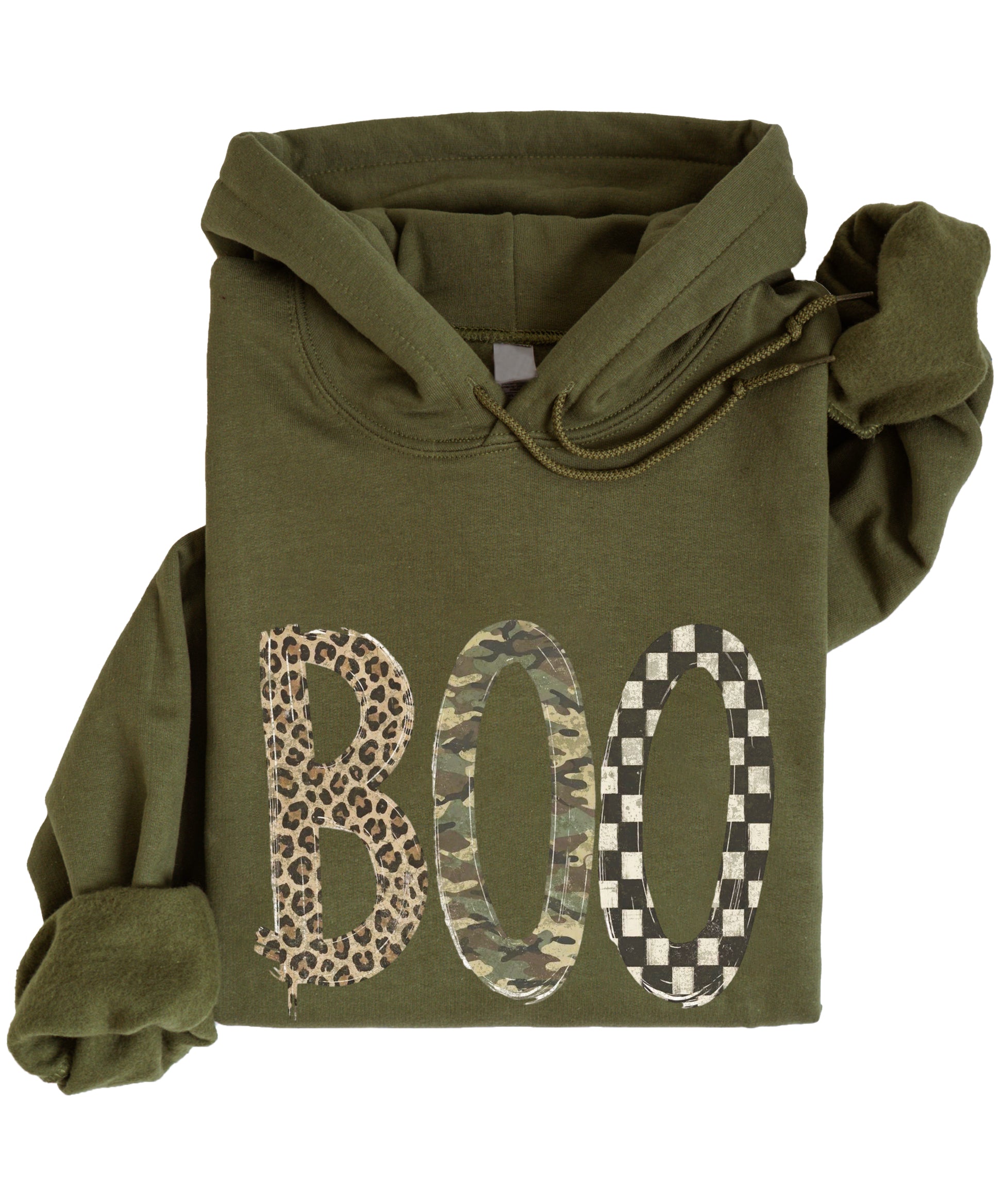 Army Green Boo Halloween hoodie with mixed print lettering, detail view