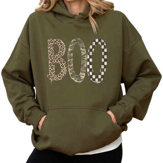 Army Green Boo Halloween pullover hoodie, styled view