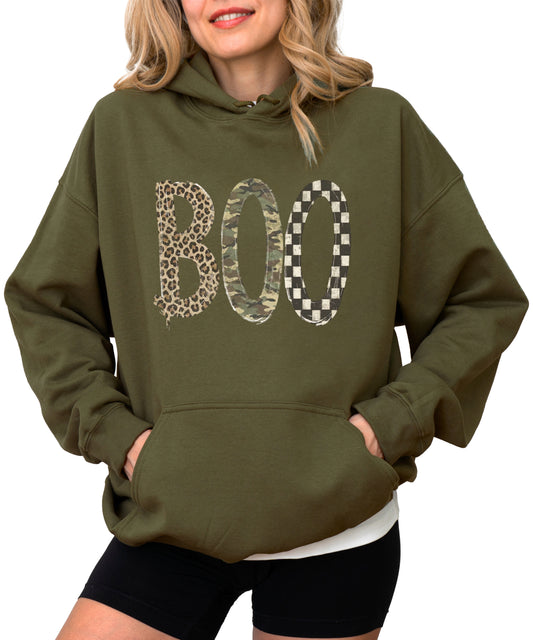 Army Green Boo Halloween pullover hoodie, styled view