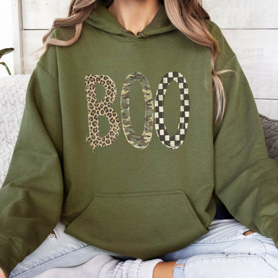 Army Green Boo Halloween hoodie for women, alternate styled view
