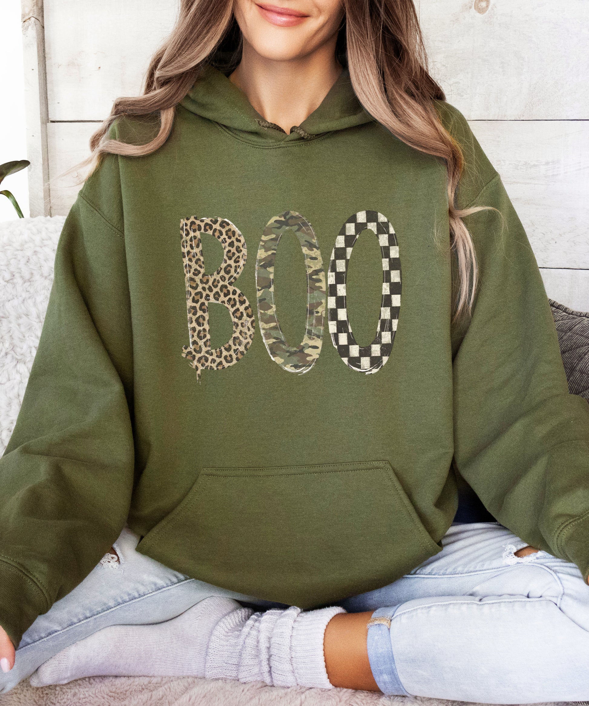 Army Green Boo Halloween hoodie for women, alternate styled view