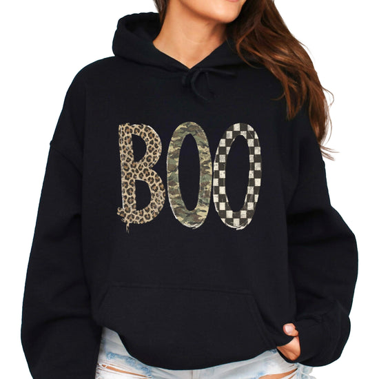 Boo Halloween hoodie for women and teen girls in Black with leopard camo checkered BOO graphic, front view