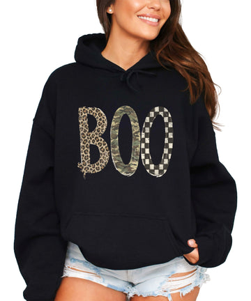 Boo Halloween hoodie for women and teen girls in Black with leopard camo checkered BOO graphic, front view