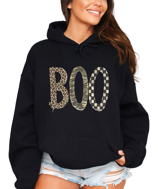 Boo Halloween hoodie for women and teen girls in Black with leopard camo checkered BOO graphic, front view