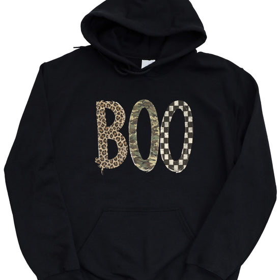 Black Boo Halloween hoodie with mixed print leopard camo checkered lettering, detail view