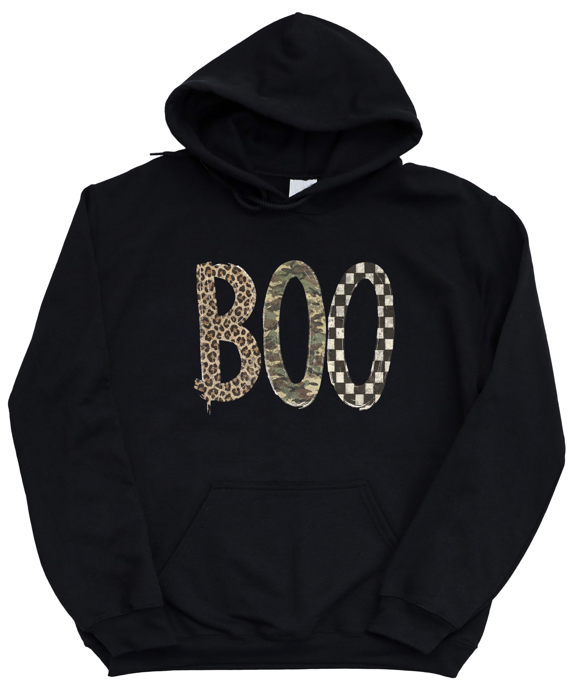 Black Boo Halloween hoodie with mixed print leopard camo checkered lettering, detail view