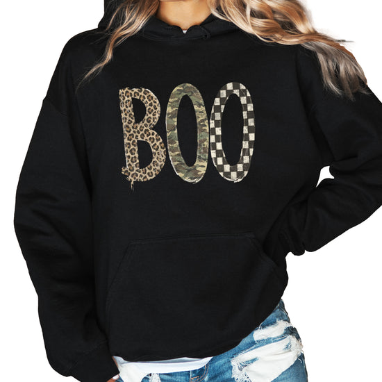Black Boo Halloween pullover hoodie with drawstring hood and pouch pocket, styled view