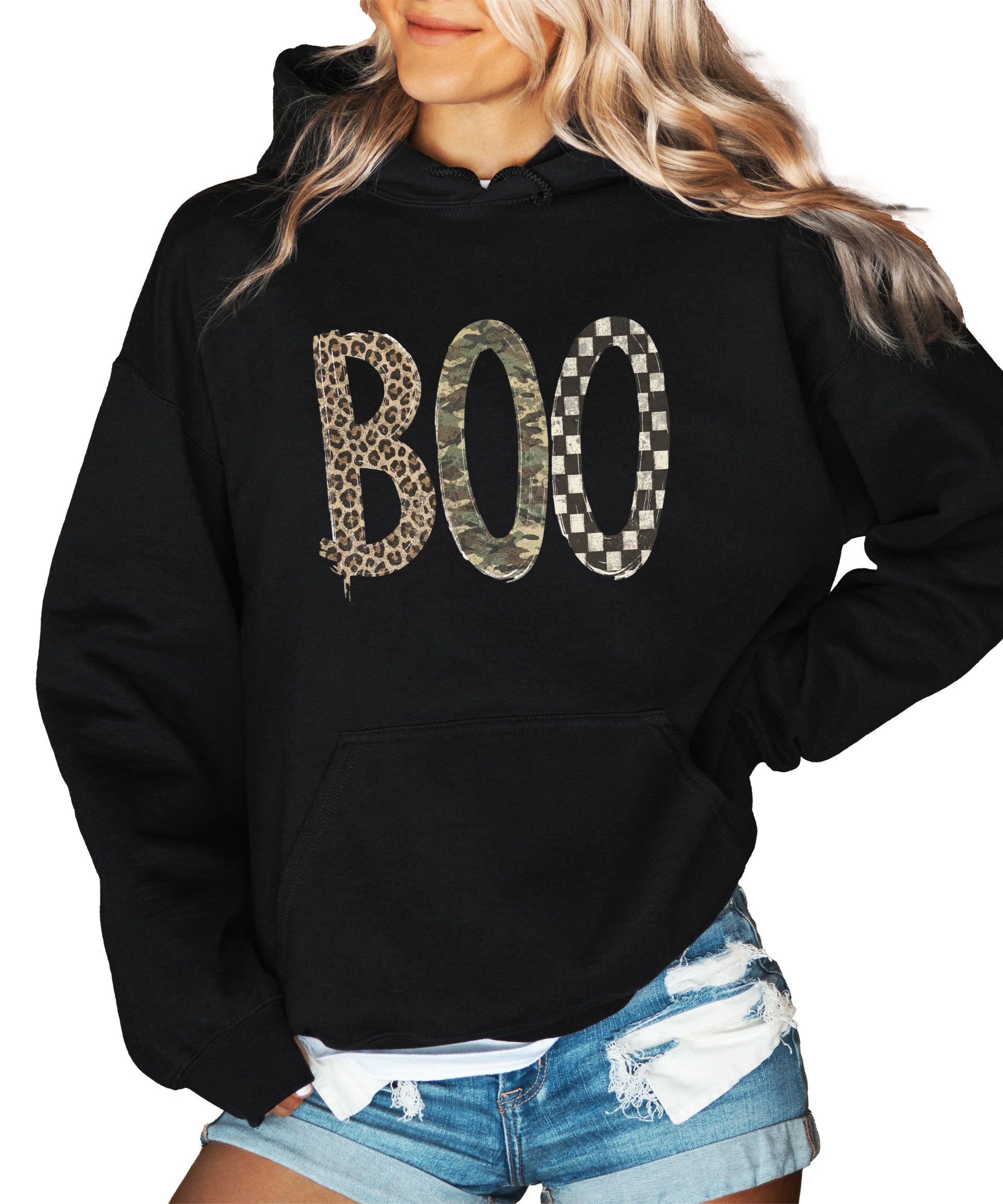 Black Boo Halloween pullover hoodie with drawstring hood and pouch pocket, styled view