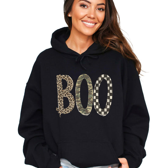 Black Boo Halloween hoodie for women, alternate styled view