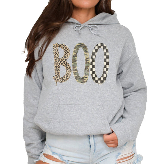 Boo Halloween hoodie for women and teen girls in Gray with leopard camo checkered BOO graphic, front view