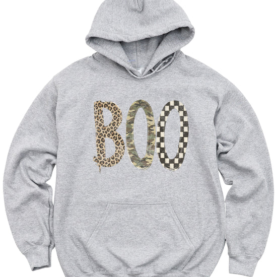 Gray Boo Halloween hoodie with mixed print lettering, detail view