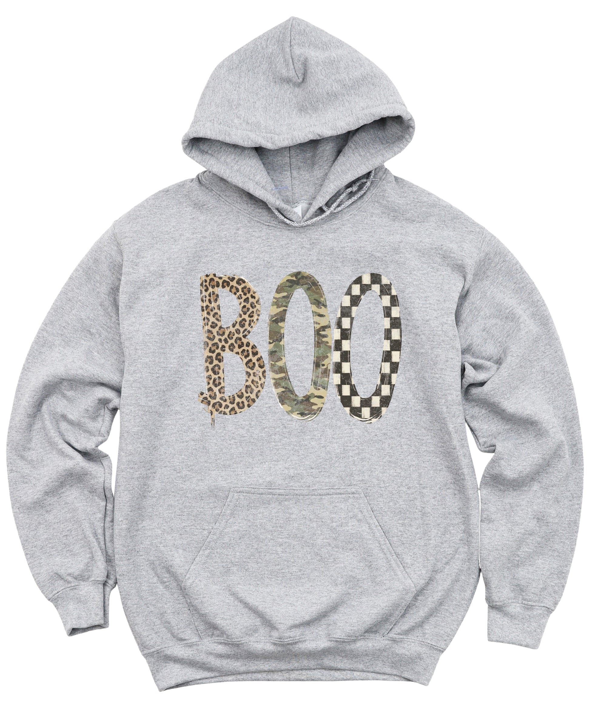 Gray Boo Halloween hoodie with mixed print lettering, detail view