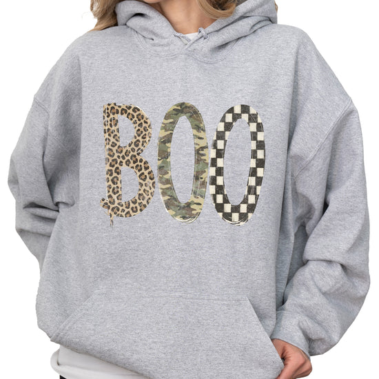 Gray Boo Halloween pullover hoodie, styled view