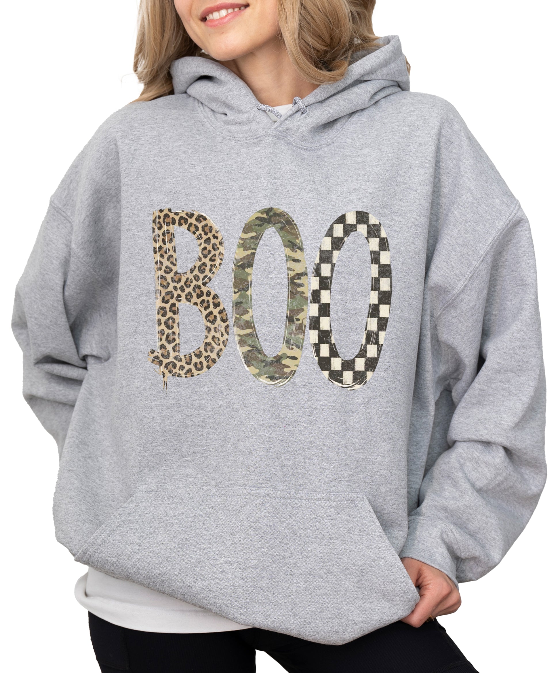 Gray Boo Halloween pullover hoodie, styled view