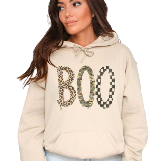 Boo Halloween hoodie for women and teen girls in Sand with leopard camo checkered BOO graphic, front view