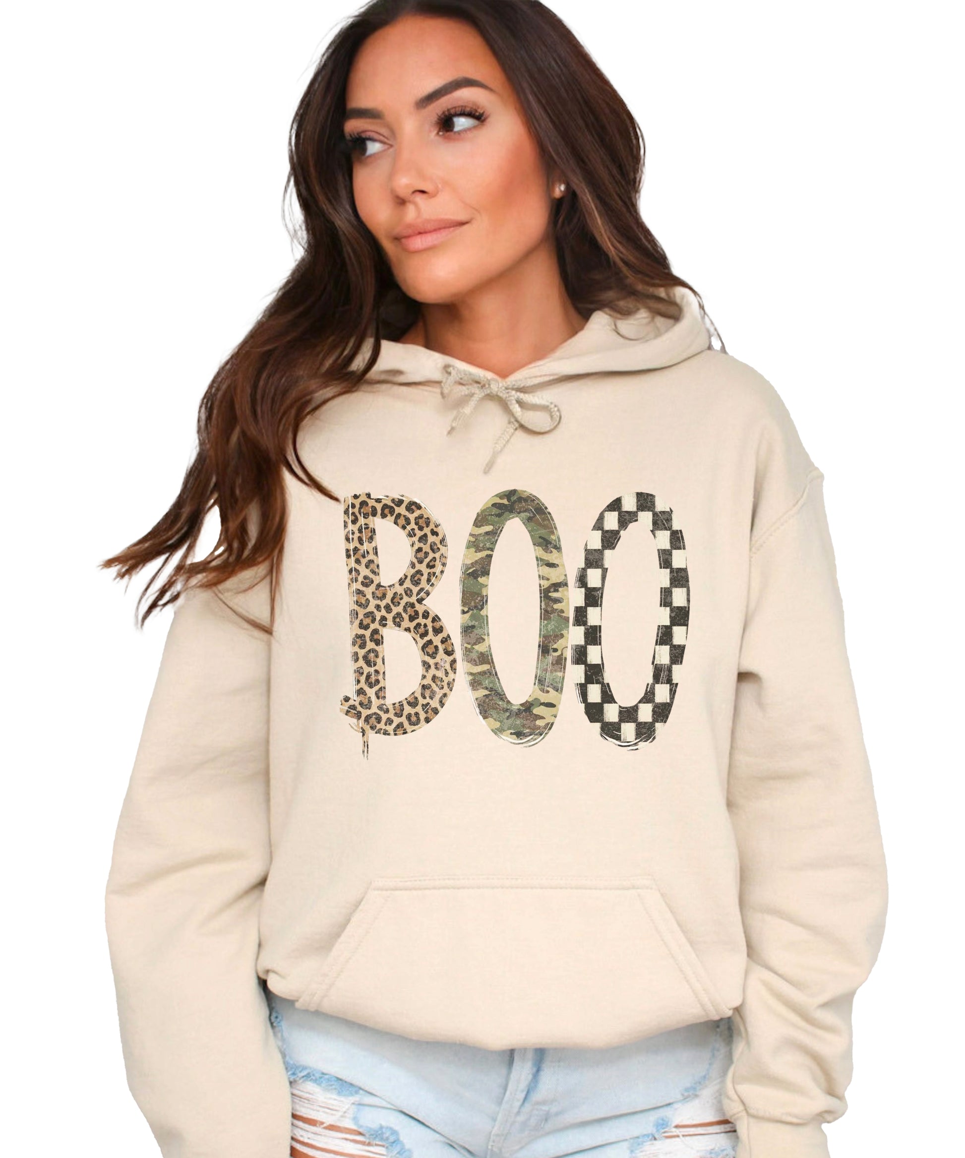 Boo Halloween hoodie for women and teen girls in Sand with leopard camo checkered BOO graphic, front view
