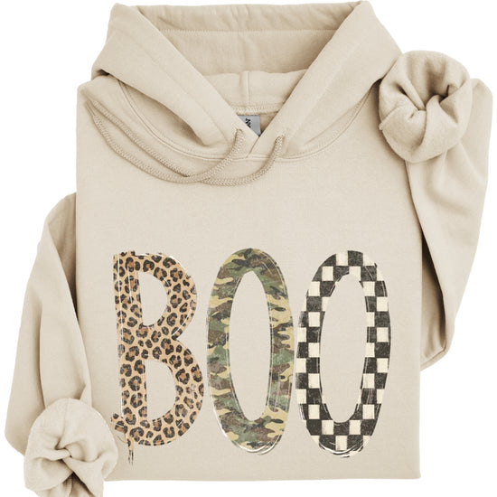 Sand Boo Halloween hoodie with mixed print lettering, detail view