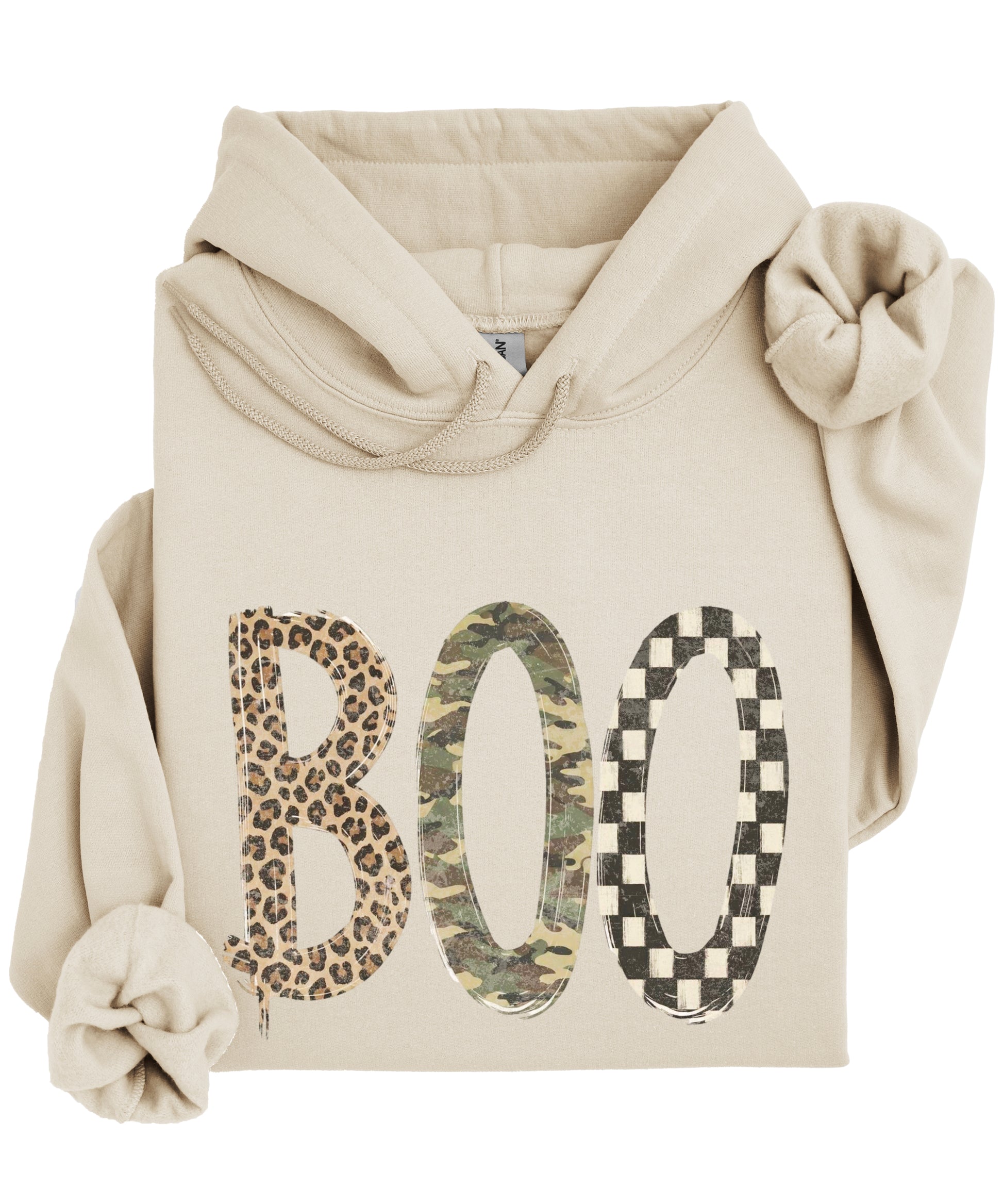 Sand Boo Halloween hoodie with mixed print lettering, detail view