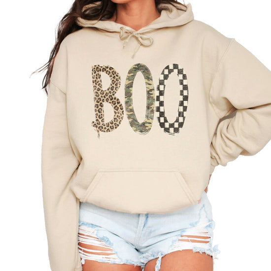 Sand Boo Halloween pullover hoodie, styled view