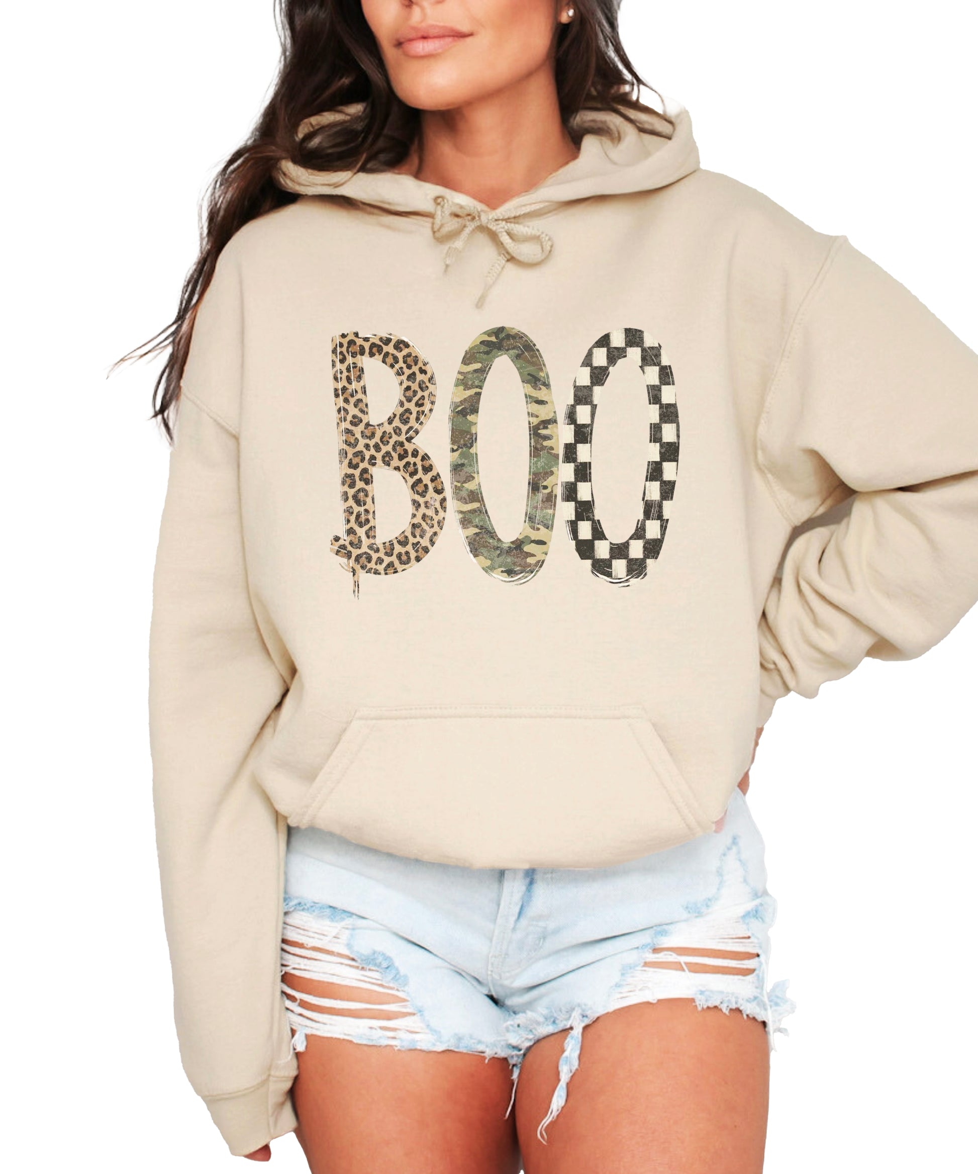 Sand Boo Halloween pullover hoodie, styled view