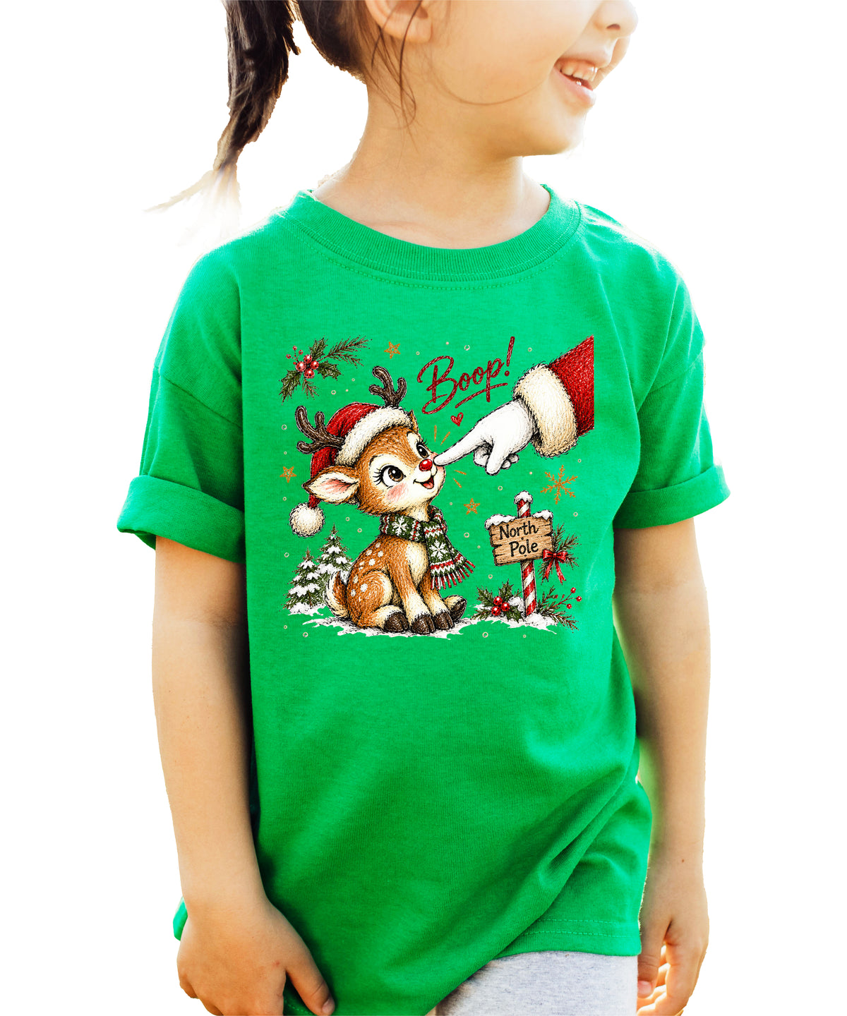 Boop reindeer Christmas shirt for baby, toddler and kids, Vintage Green tee, image 2