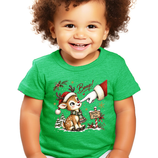 Boop reindeer Christmas shirt for baby, toddler and kids, Vintage Green tee, image 3