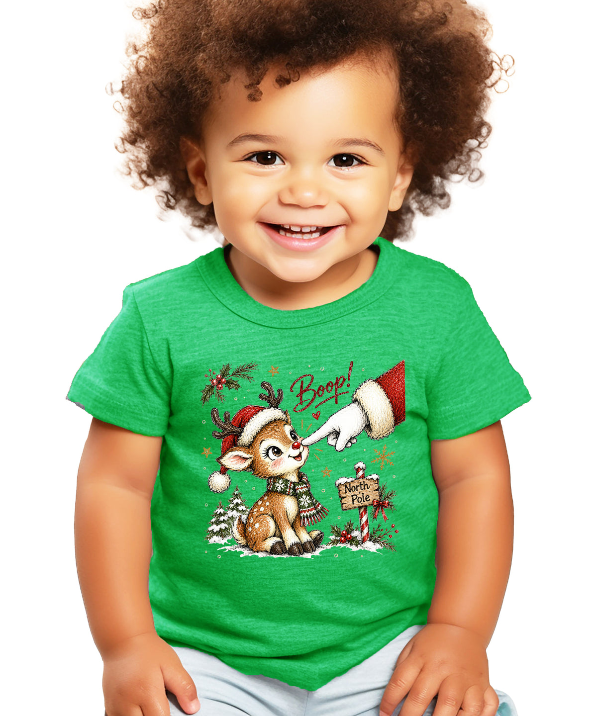 Boop reindeer Christmas shirt for baby, toddler and kids, Vintage Green tee, image 3