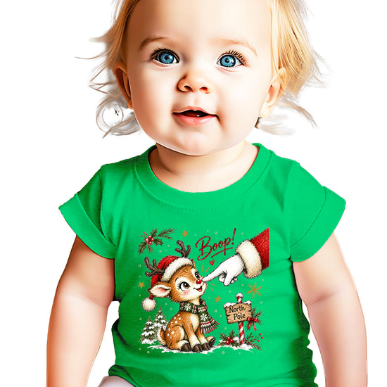 Boop reindeer Christmas shirt for baby, toddler and kids, Vintage Green tee, image 4
