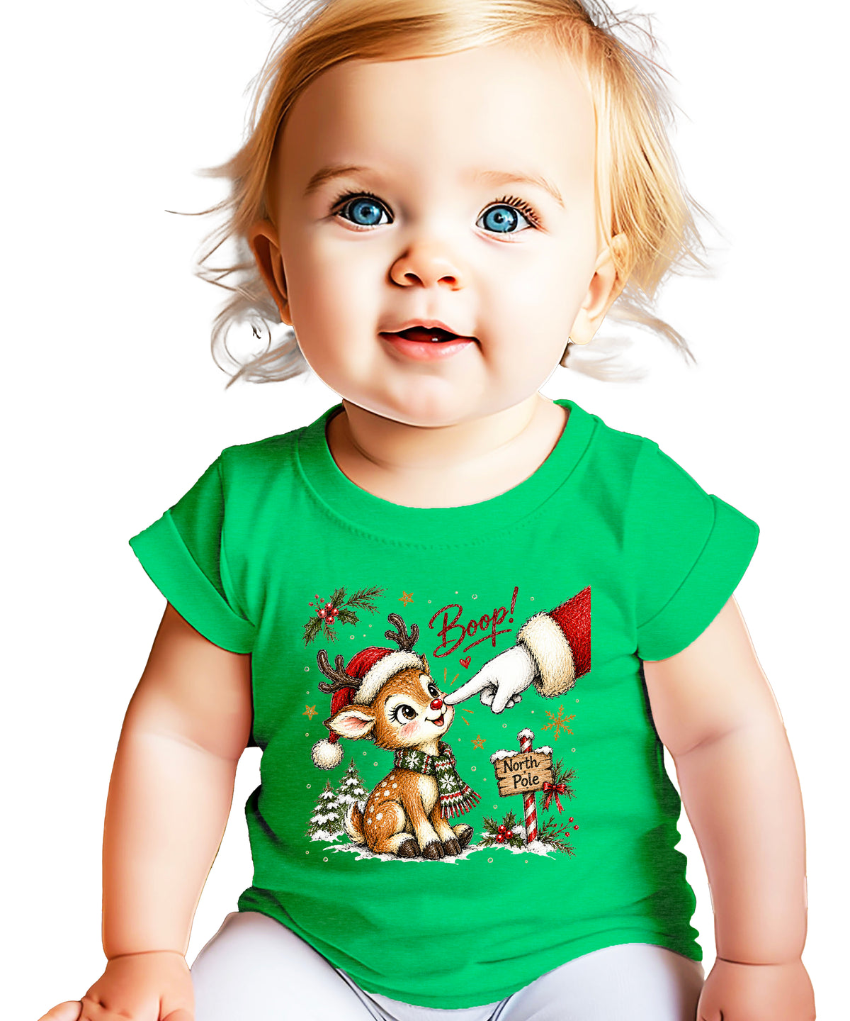 Boop reindeer Christmas shirt for baby, toddler and kids, Vintage Green tee, image 4