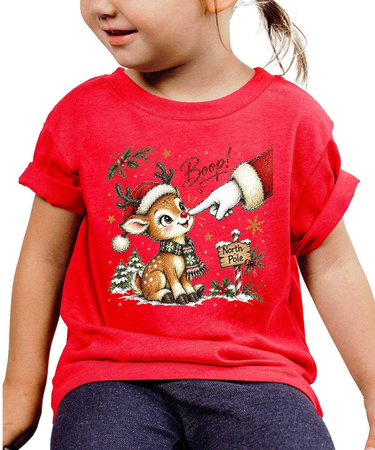 Boop reindeer Christmas shirt for baby, toddler and kids, Vintage Red tee, image 2
