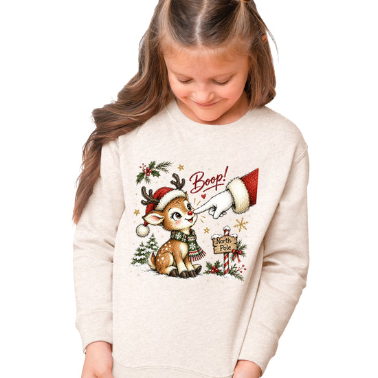 Santa boop reindeer Christmas sweatshirt for kids in Natural Heather