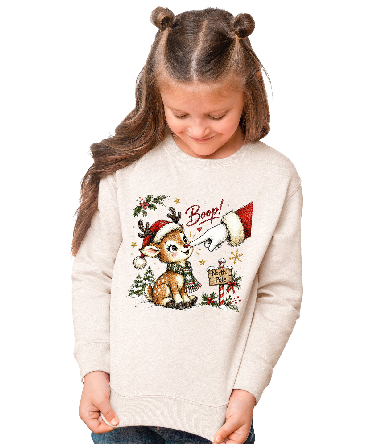 Santa boop reindeer Christmas sweatshirt for kids in Natural Heather