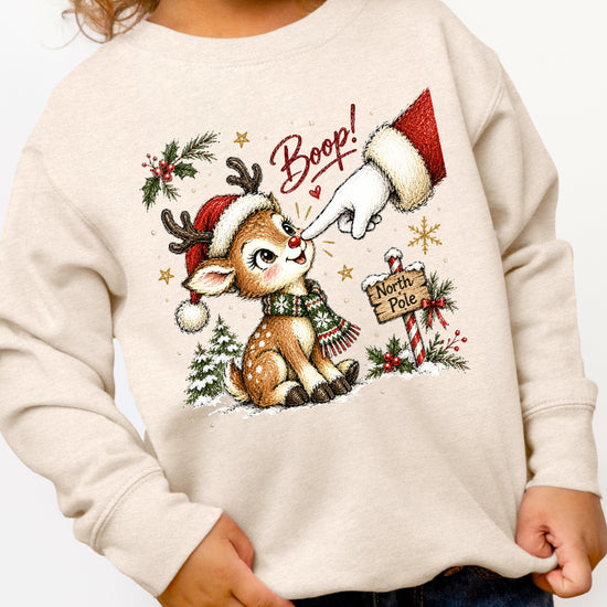 Santa boop reindeer Christmas sweatshirt for kids in Natural Heather