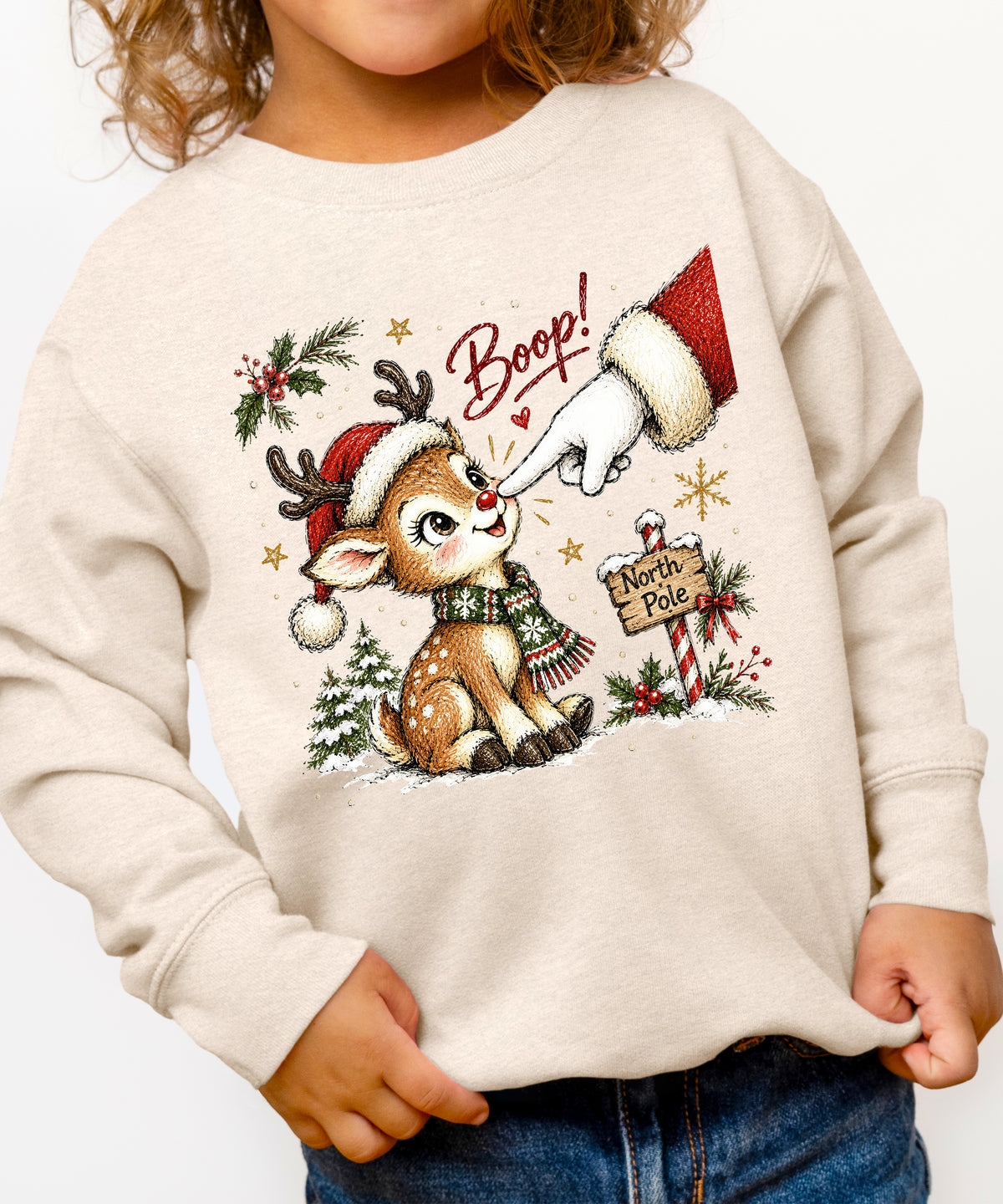 Santa boop reindeer Christmas sweatshirt for kids in Natural Heather