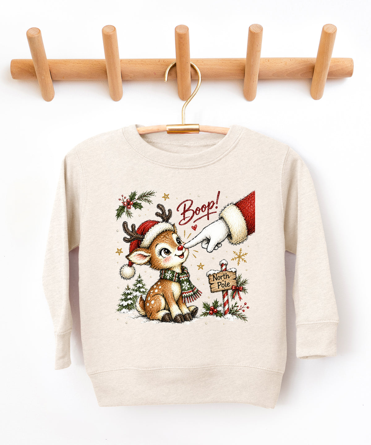 Santa boop reindeer Christmas sweatshirt for kids in Natural Heather