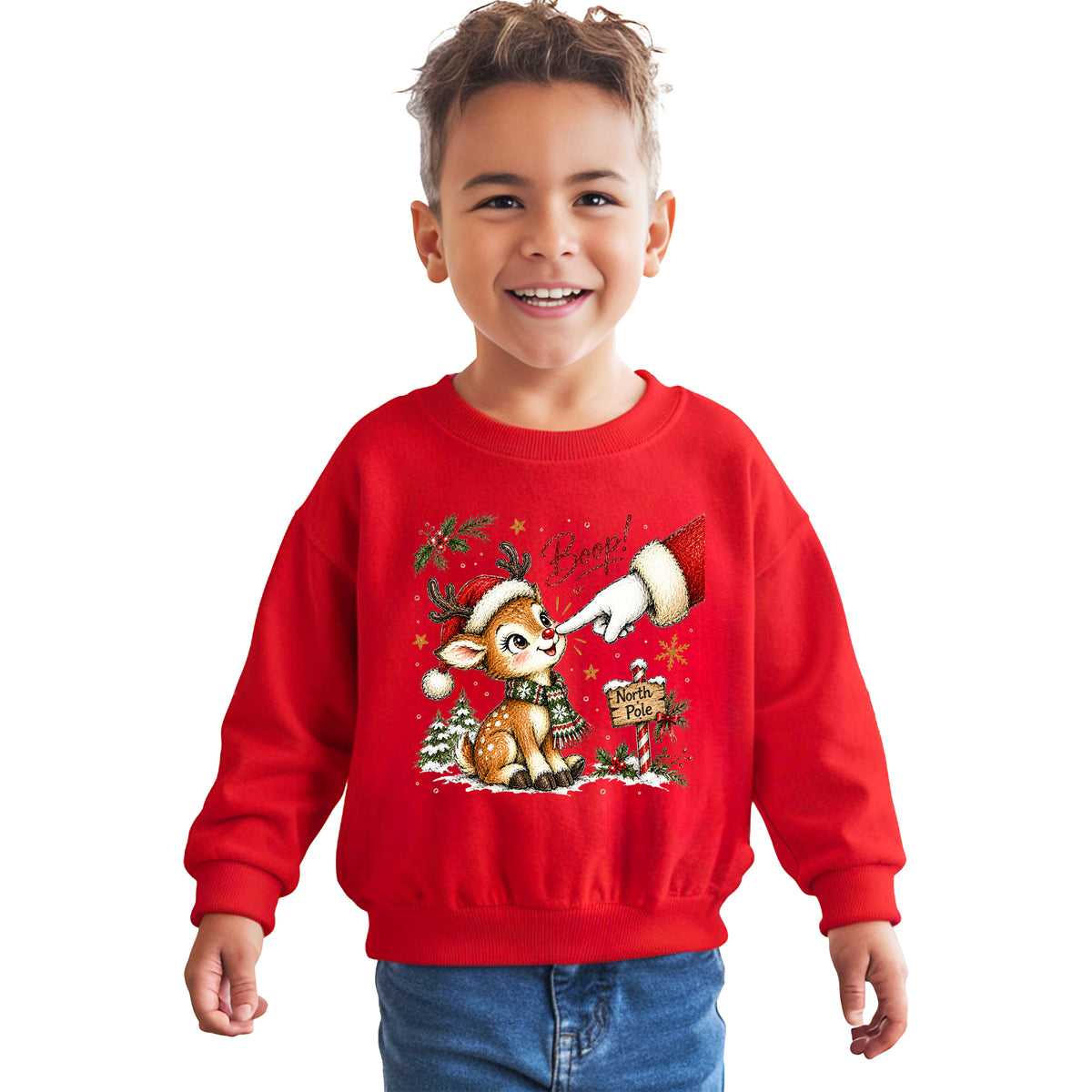 Santa boop reindeer Christmas sweatshirt for kids in Red