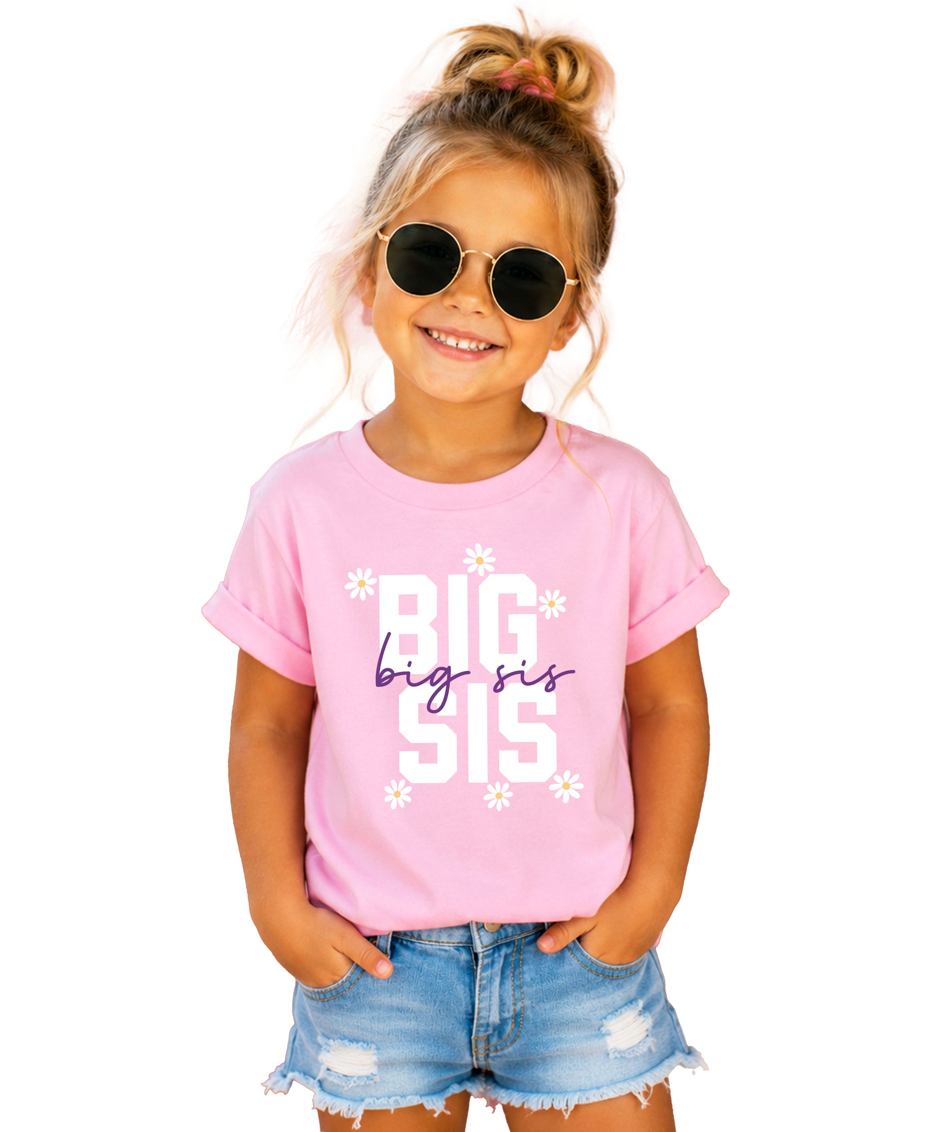 Big Sis Daisies big sister sibling reveal tee - Pink Shirt front