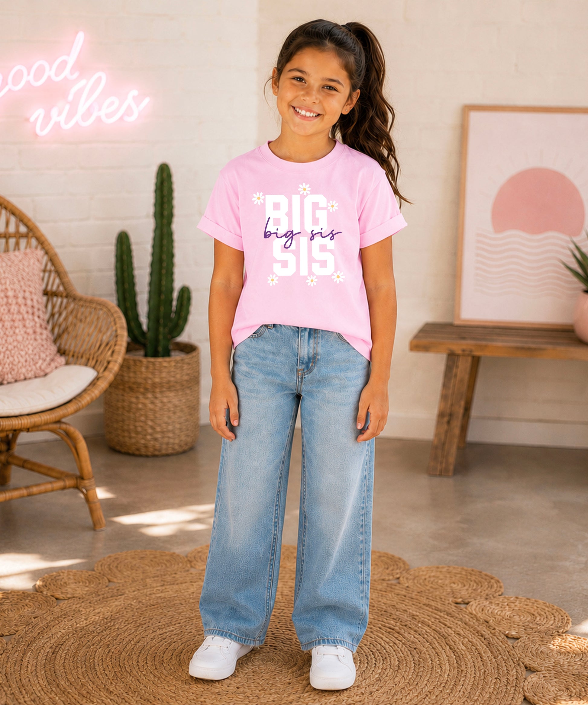 Big Sis Daisies big sister sibling reveal tee - Pink Shirt lifestyle