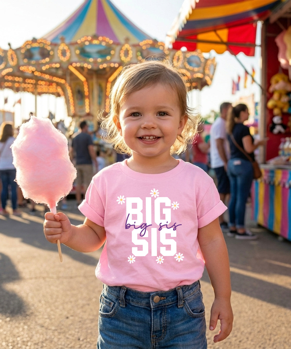 Big Sis Daisies big sister sibling reveal tee - Pink Shirt close up