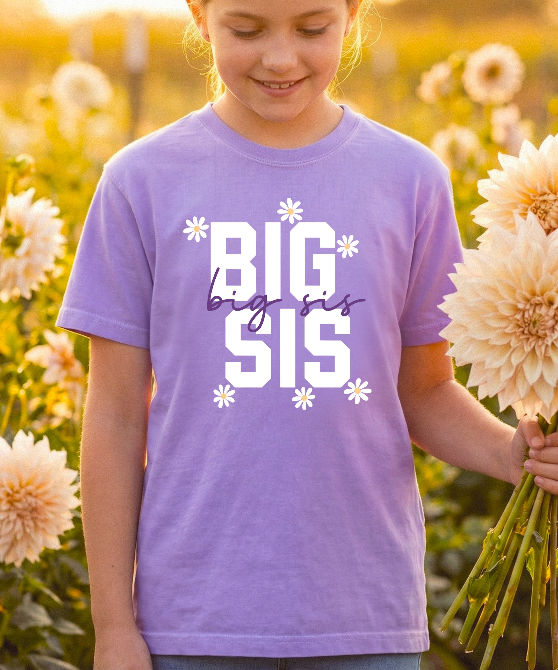 Big Sis Daisies big sister sibling reveal tee - Purple Shirt lifestyle