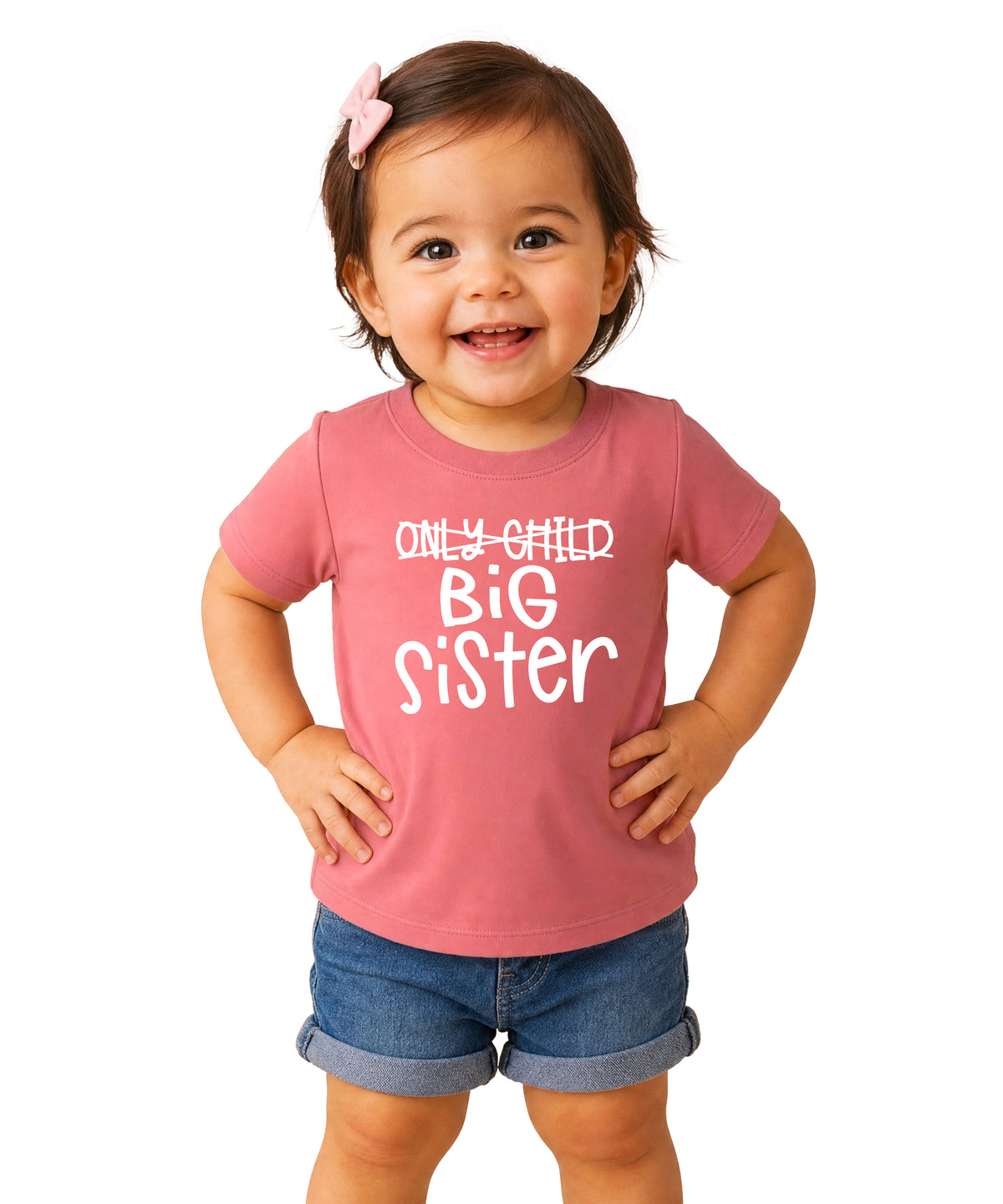 Only Child Big Sister shirt in Mauve, white crossed-out Only Child graphic, front view