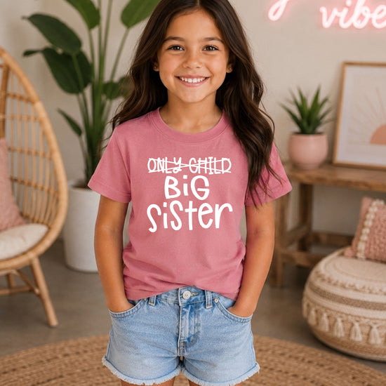 Mauve Only Child Big Sister sibling announcement tee for girls, view 3