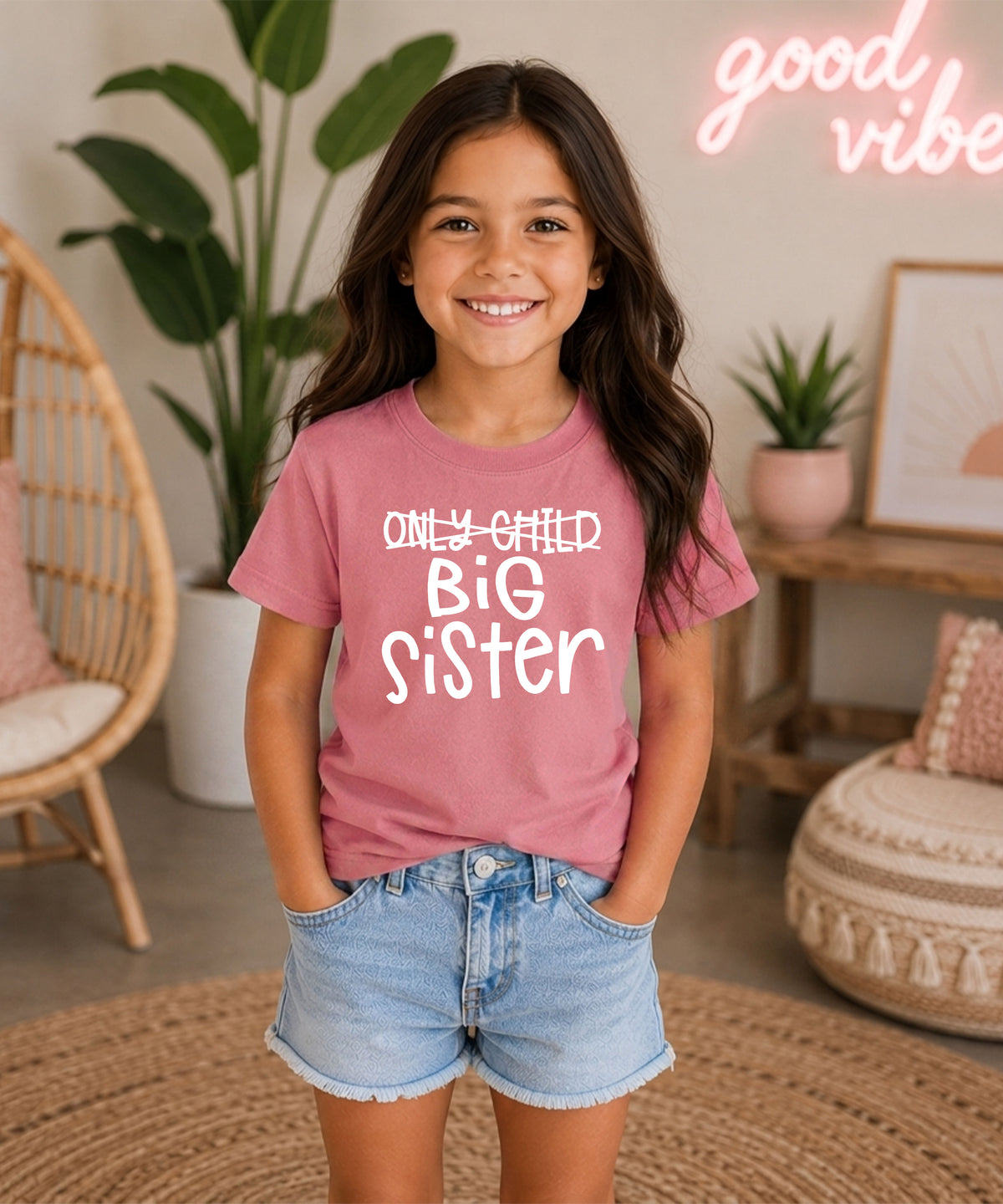 Mauve Only Child Big Sister sibling announcement tee for girls, view 3