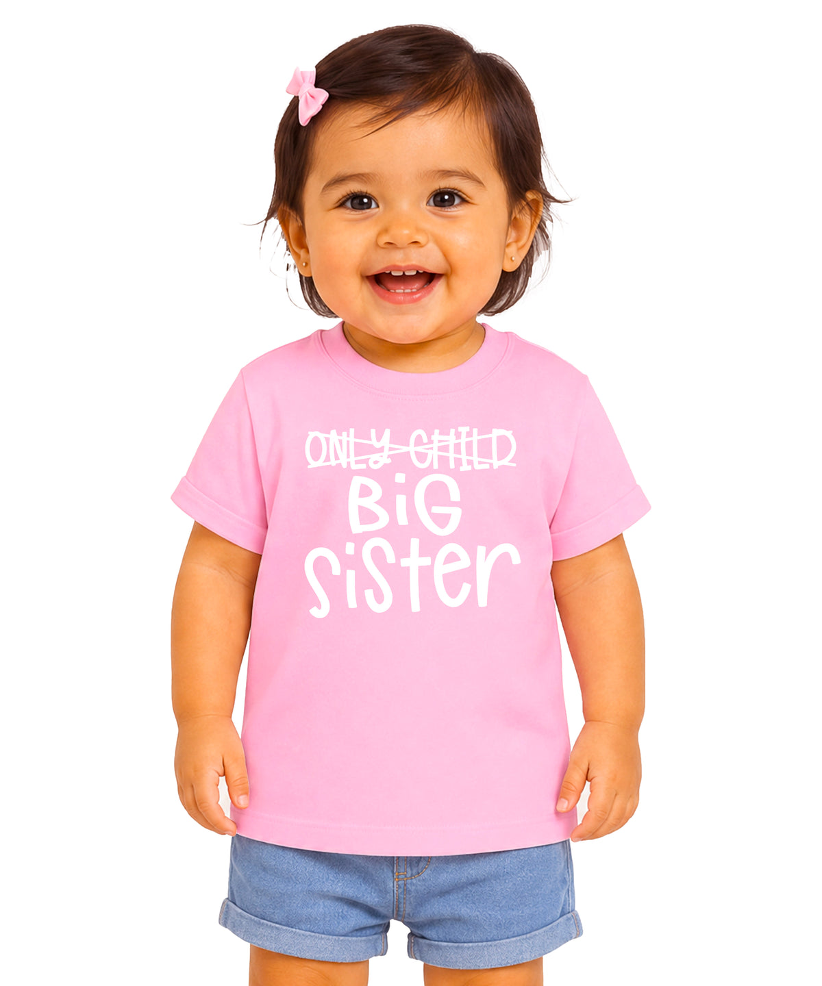 Only Child Big Sister shirt in Pink, white crossed-out Only Child graphic, front view